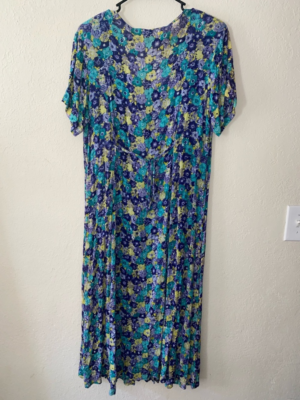 Vintage Floral Button-Front Midi Dress Tie Back Strings in Teal & Purple - Picture 7 of 11